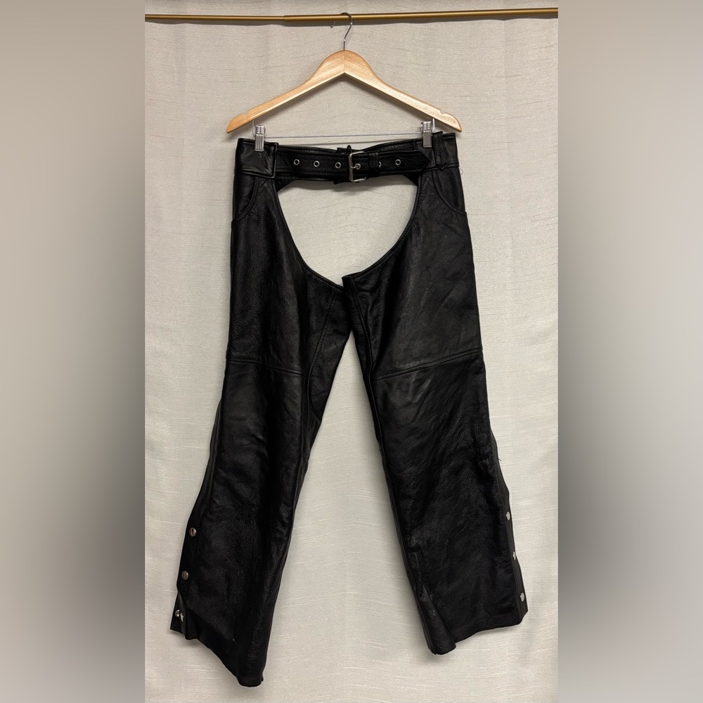 Genuine Leather Zip Snap Button Belted Chaps Motorcycle Biker Western Costume M